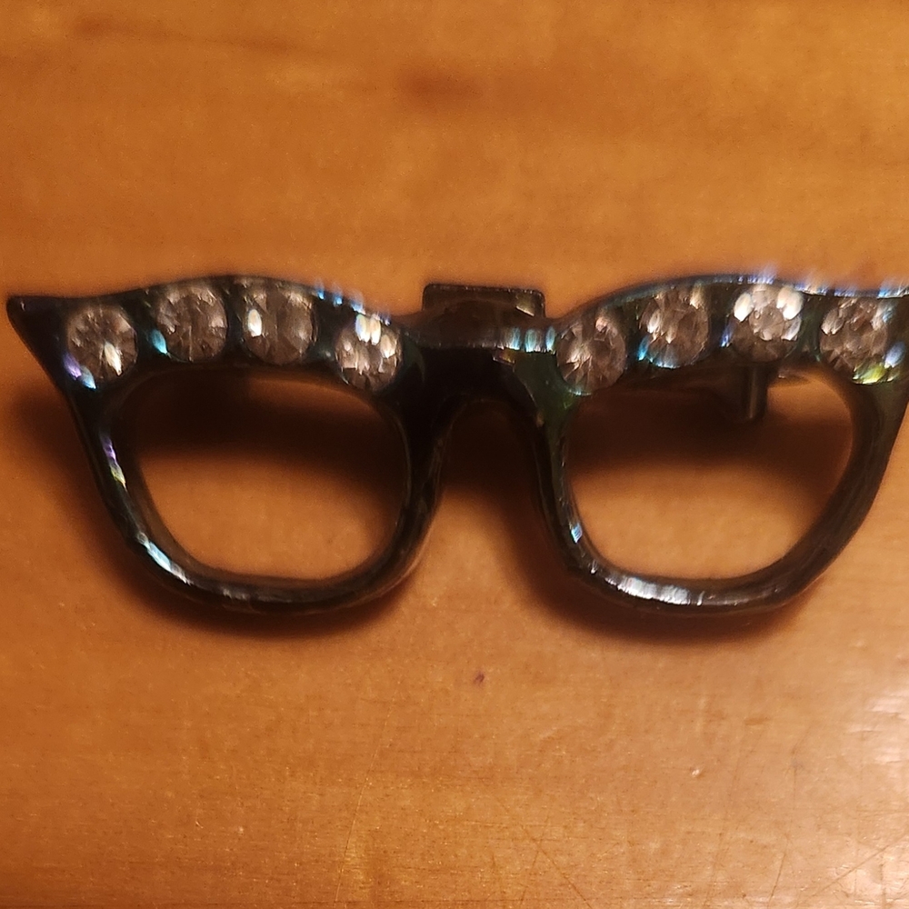 Vintage Pin Rhinestone Black Glasses Brooch Jewelry Retro